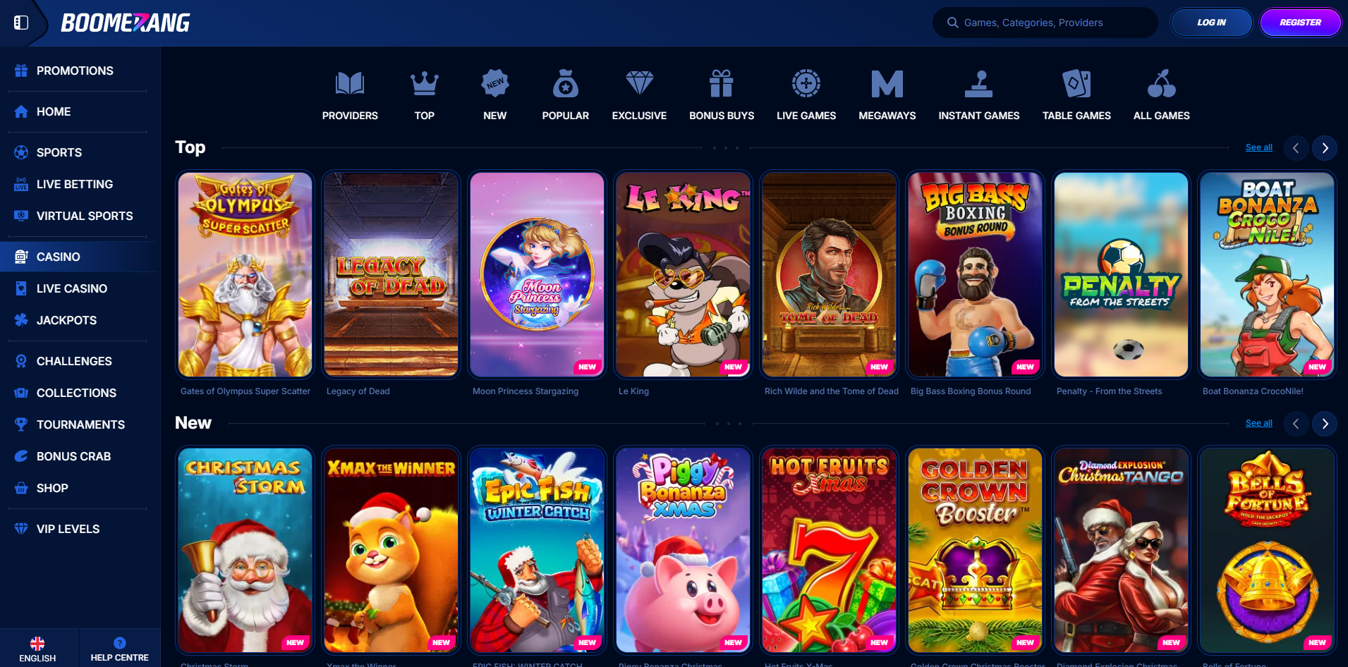 Screenshot der Spieleauswahl im Boomerang Casino, zeigt Slots und Live Casino Tische